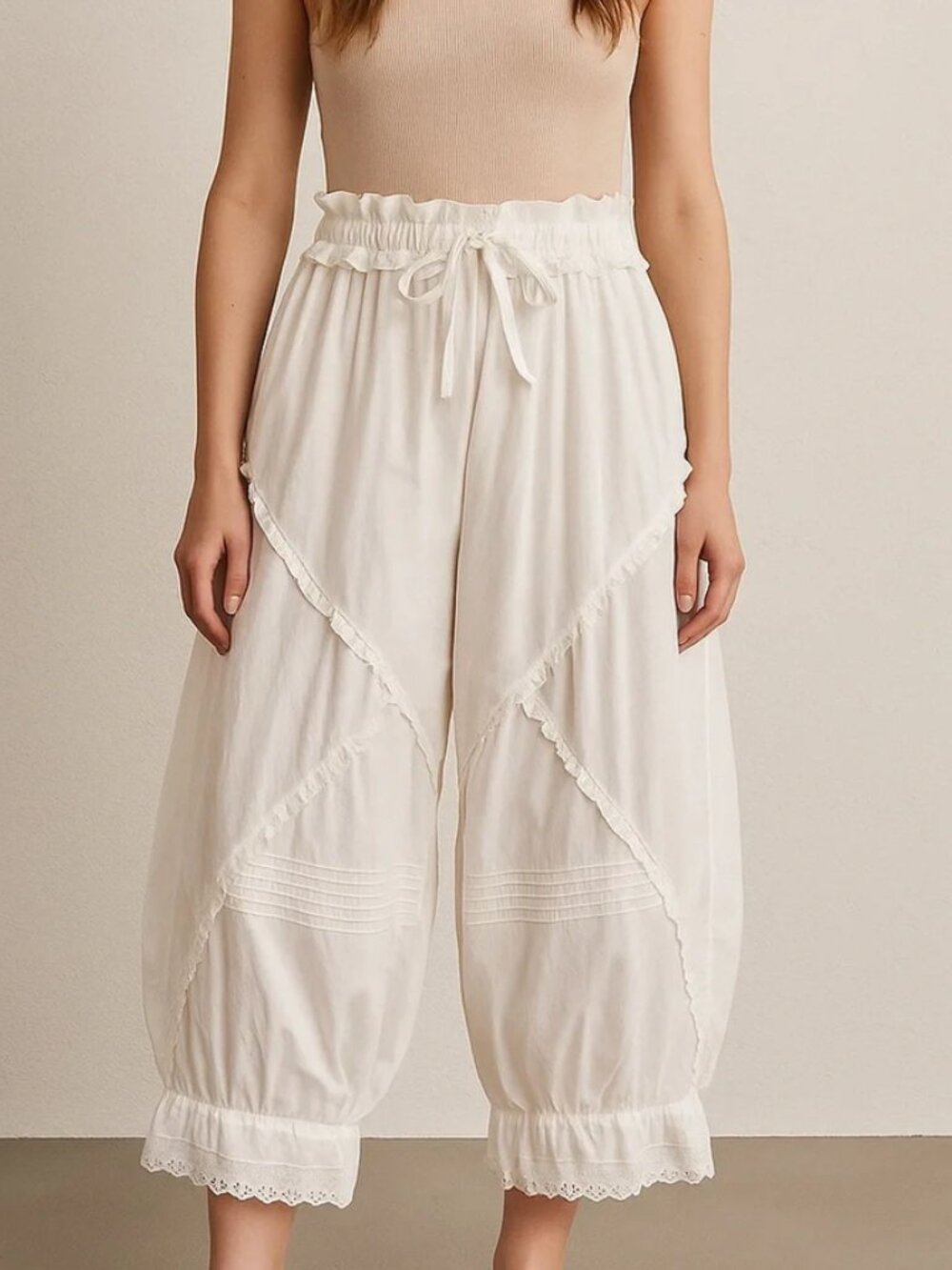 Free People Beach Life Pants Eyelet Smocked Drawstring White Cropped Legs S